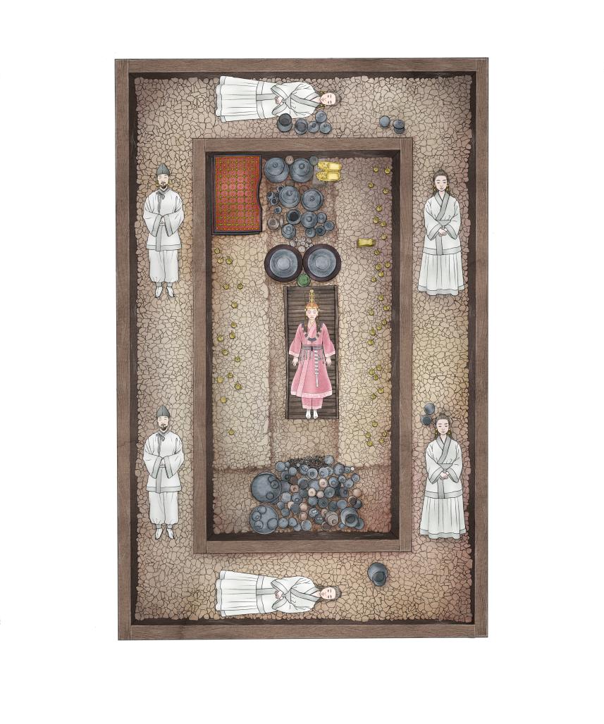 공주의 시신과 부장품을 안치한 무덤의 모습을 그린 삽화