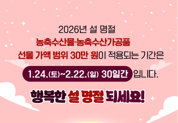 2026년 설 명절 농축수산물, 농축수산가공품 선물 가액 범위 30만 원이 적용되는 기간은 1.24.(토)~2.22.(일) 30일간 입니다.
행복한 설 명절 되세요!